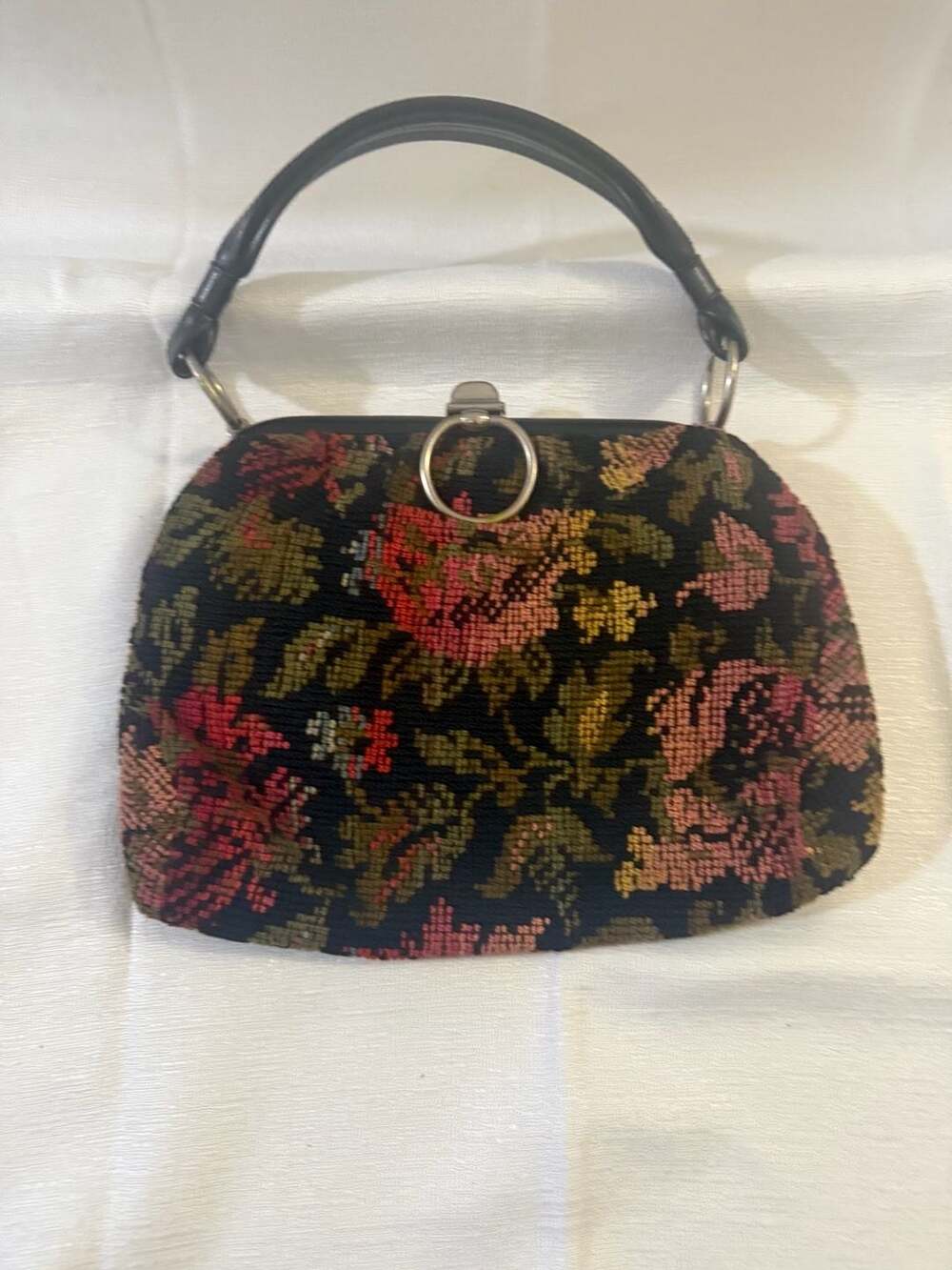 Vintage Empress Floral Needlepoint Tapestry Top Handle Bag